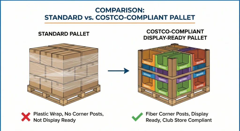 standard pallet vs. a Costco-compliant display-ready pallet with fiber corner posts