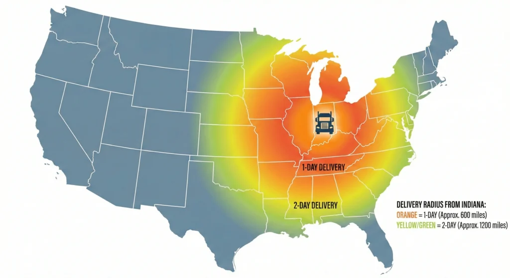 Heat map of the United States showing 1-day and 2-day truck delivery radiuses from Indiana