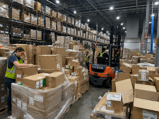 Warehouse workers manage overflowing inventory with stacked boxes, crowded pallets, and a forklift moving through a congested storage aisle.