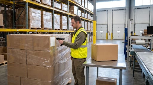 Warehouse worker in a safety vest scanning a case label on a wrapped pallet before shipment, a secondary packaging check that helps prevent retail chargebacks.