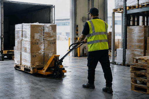 Warehouse worker moving a shrink-wrapped pallet of boxes with a pallet jack toward a loading truck, representing third-party logistics operations and SLA performance.